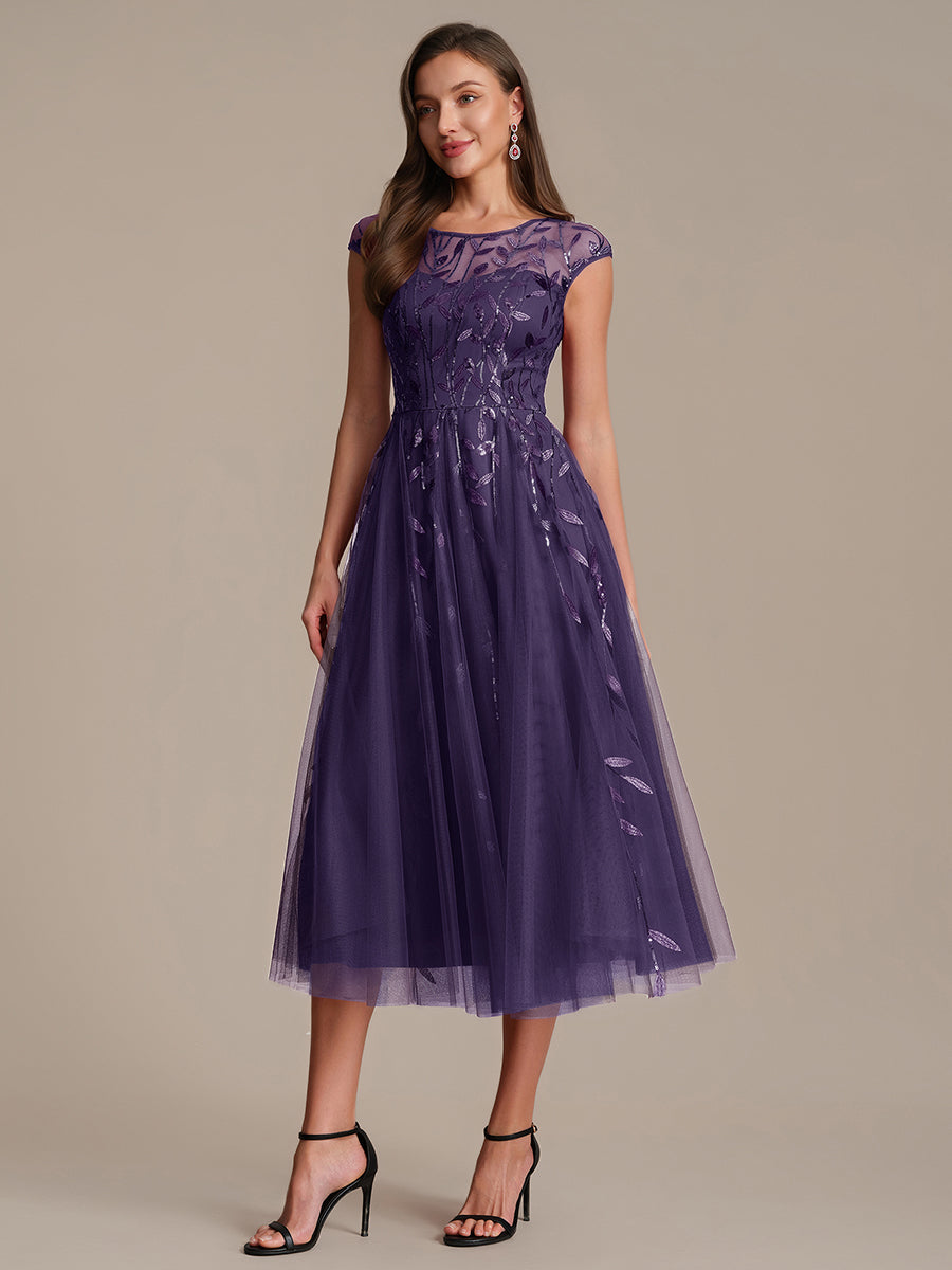 See-through Sequin Cap Sleeve Wedding Guest Dress #color_Dark Purple