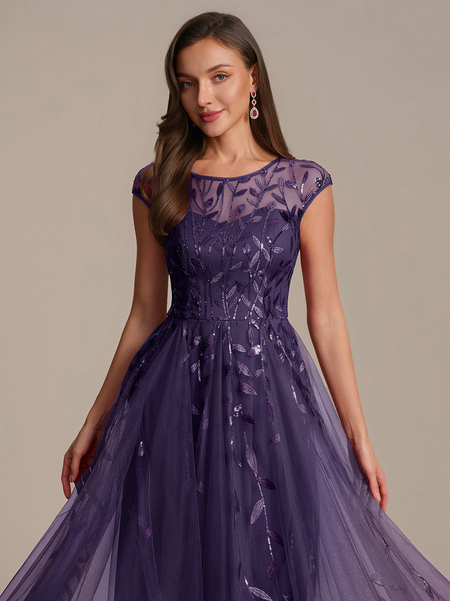 See-through Sequin Cap Sleeve Wedding Guest Dress #color_Dark Purple