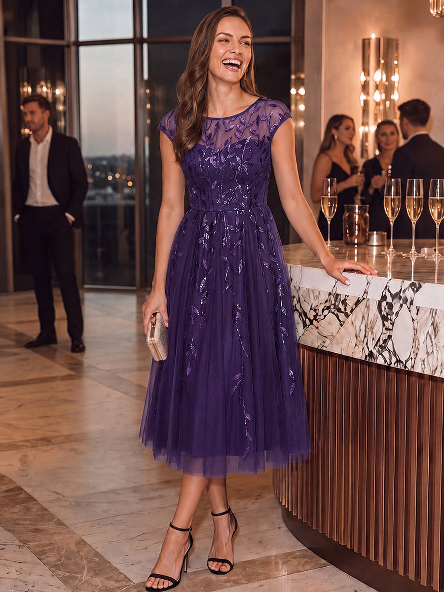 See-through Sequin Cap Sleeve Wedding Guest Dress #color_Dark Purple