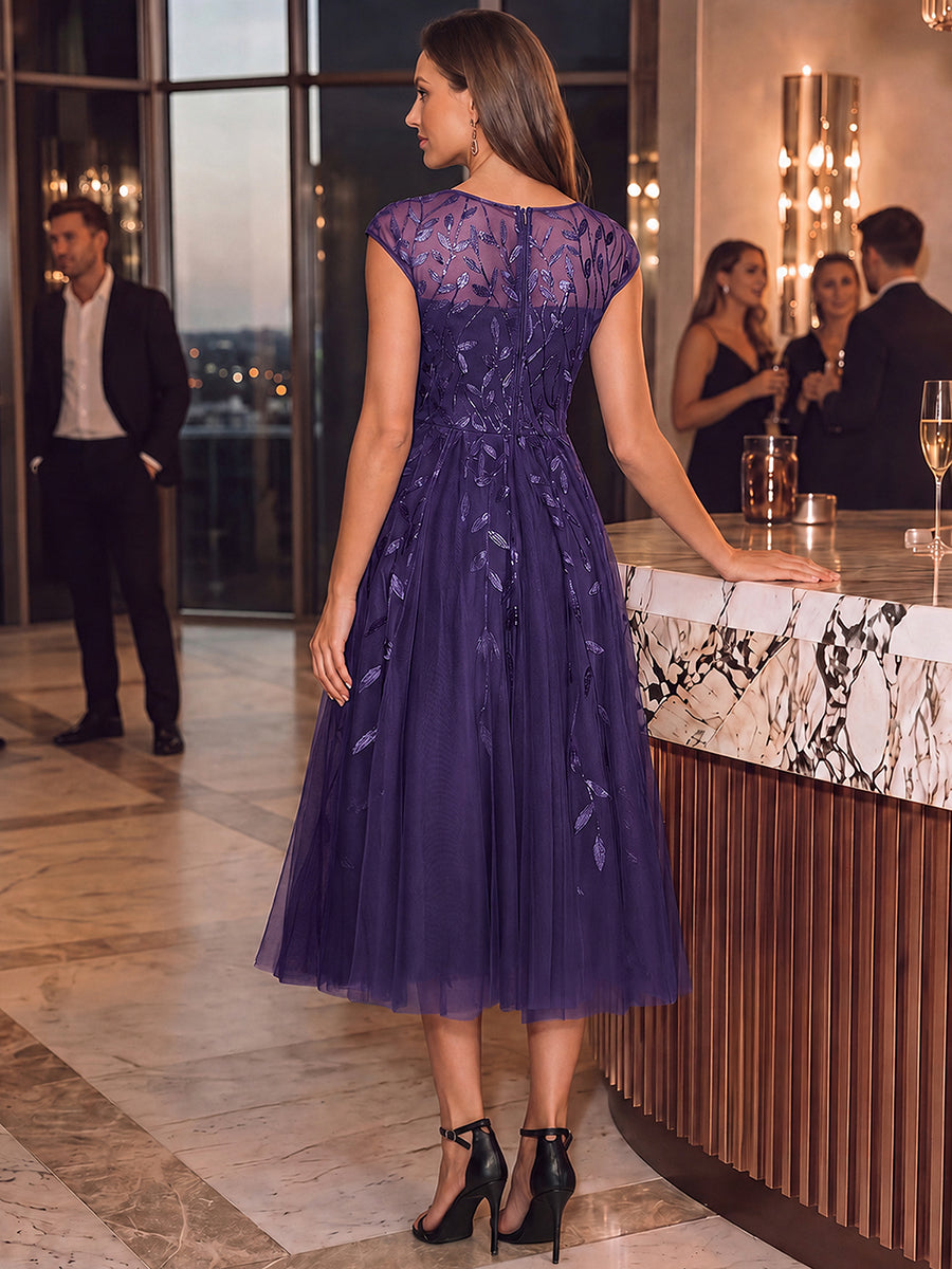 See-through Sequin Cap Sleeve Wedding Guest Dress #color_Dark Purple