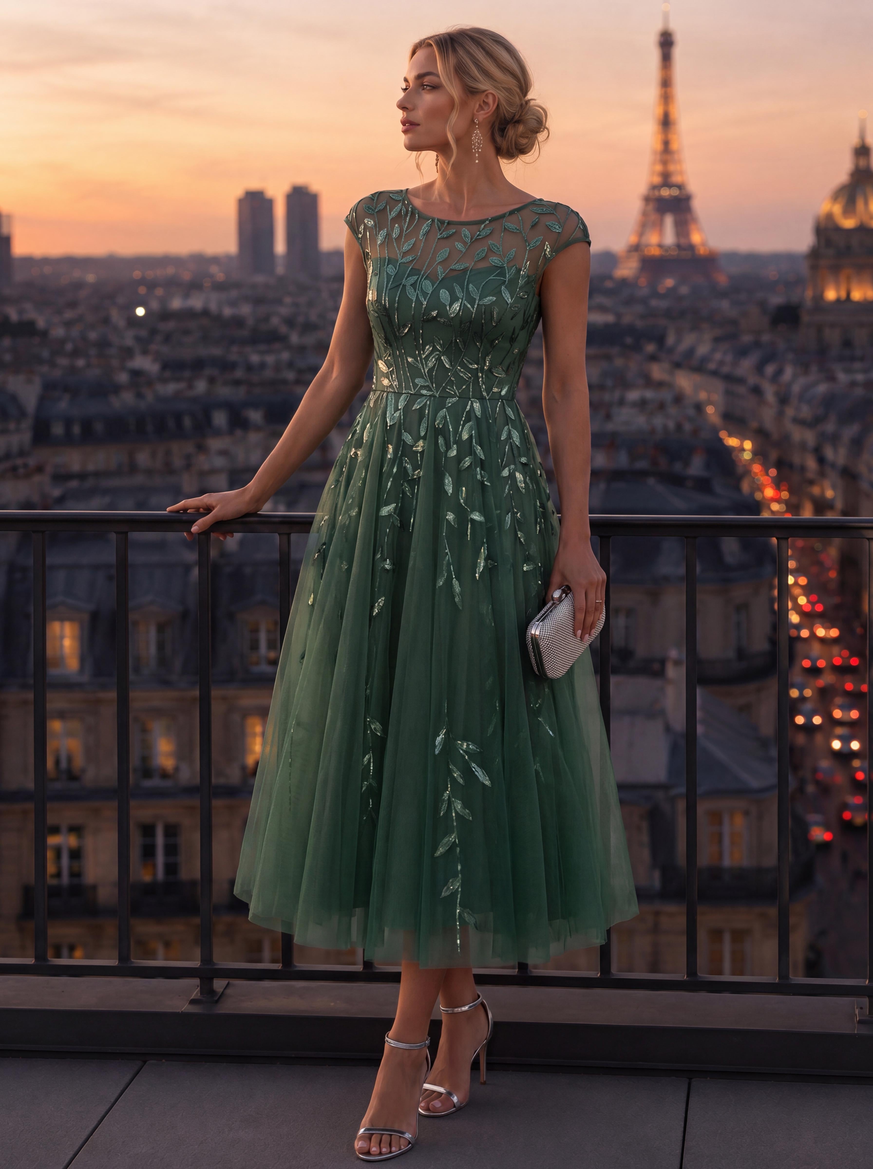 See-through Sequin Cap Sleeve Wedding Guest Dress #color_Eucalyptus