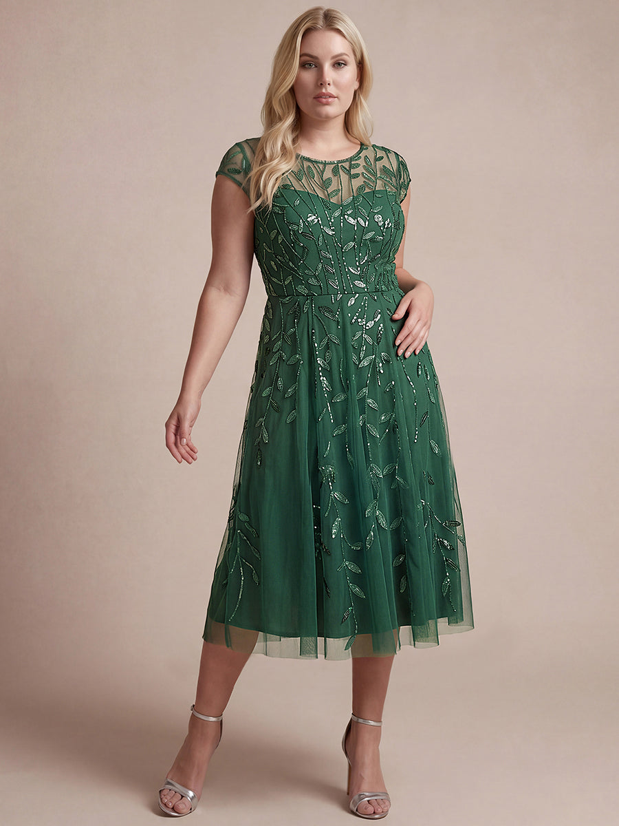 See-through Sequin Cap Sleeve Wedding Guest Dress #color_Eucalyptus