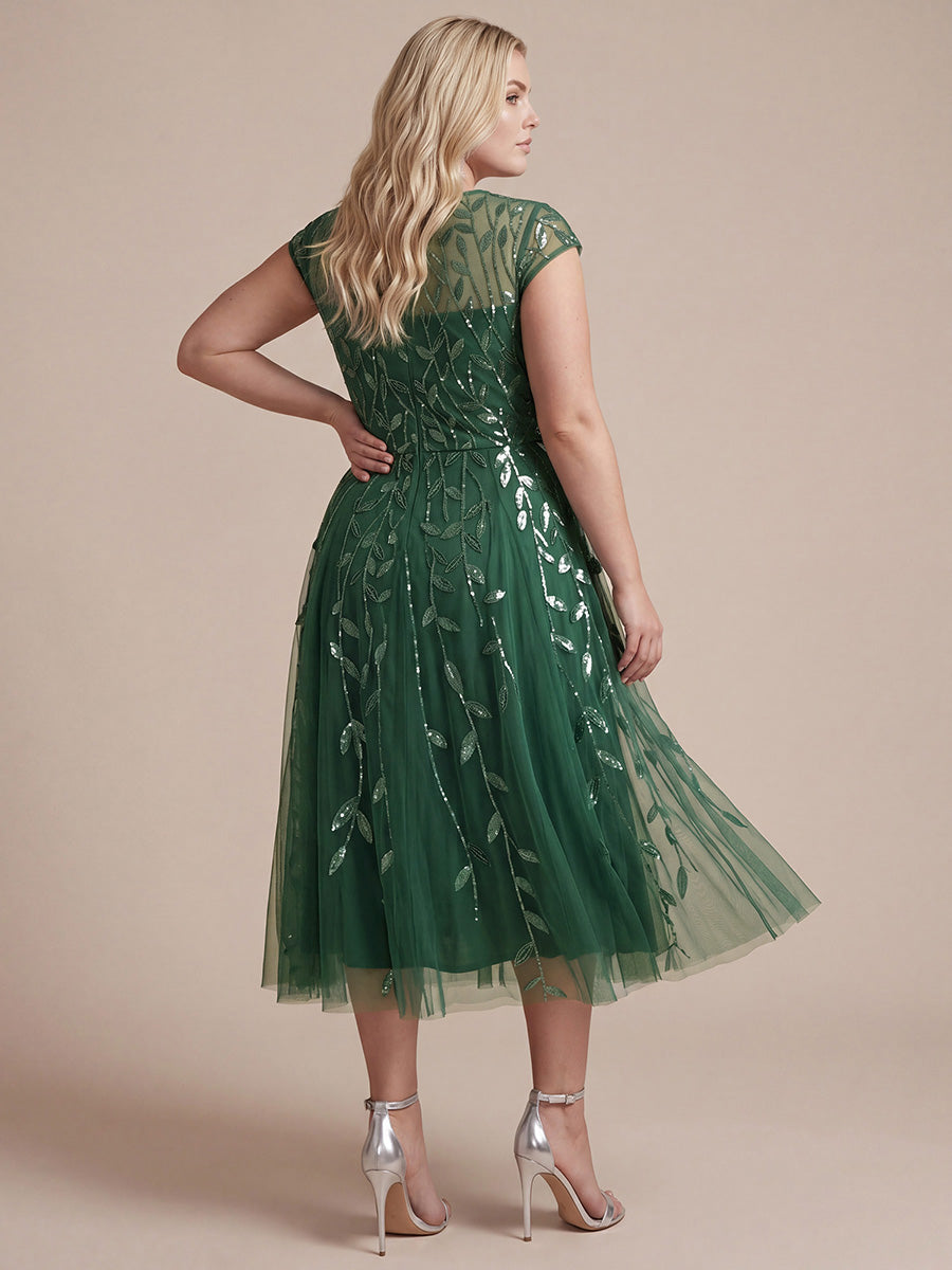 See-through Sequin Cap Sleeve Wedding Guest Dress #color_Eucalyptus