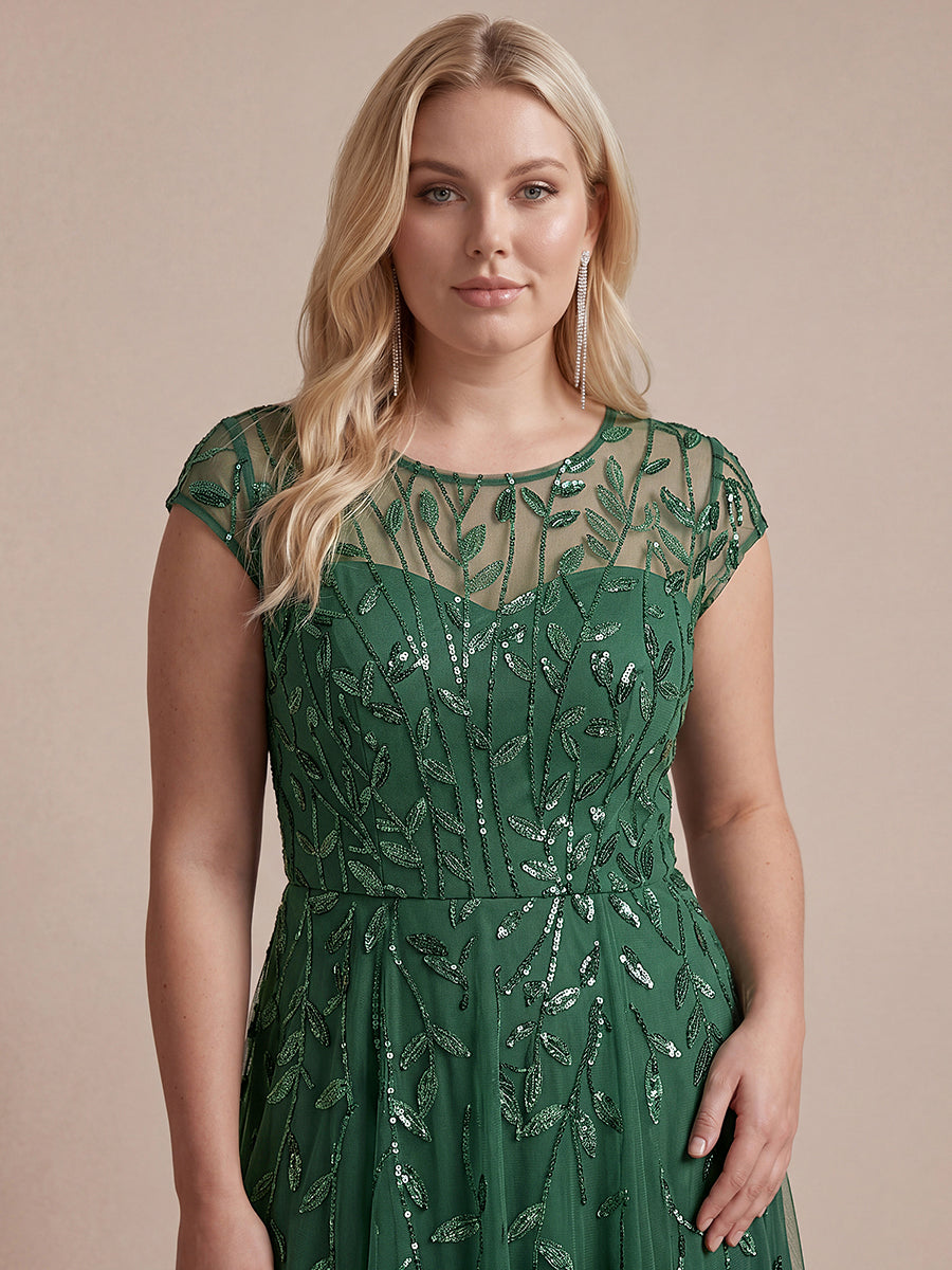 See-through Sequin Cap Sleeve Wedding Guest Dress #color_Eucalyptus