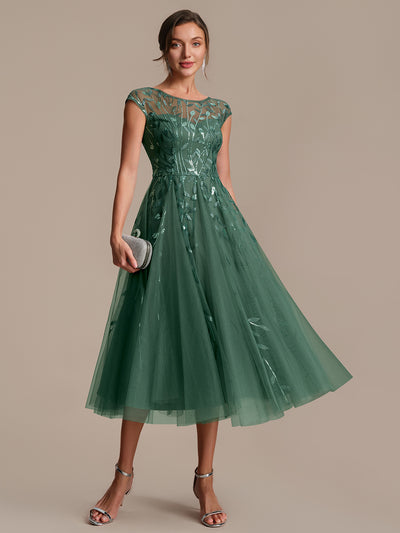 See-through Sequin Cap Sleeve Wedding Guest Dress