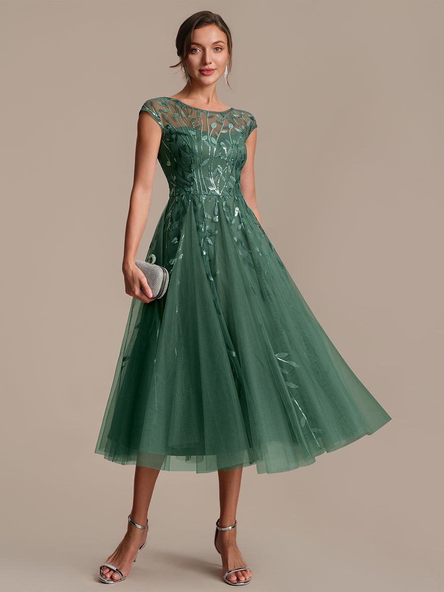 See-through Sequin Cap Sleeve Wedding Guest Dress #color_Eucalyptus