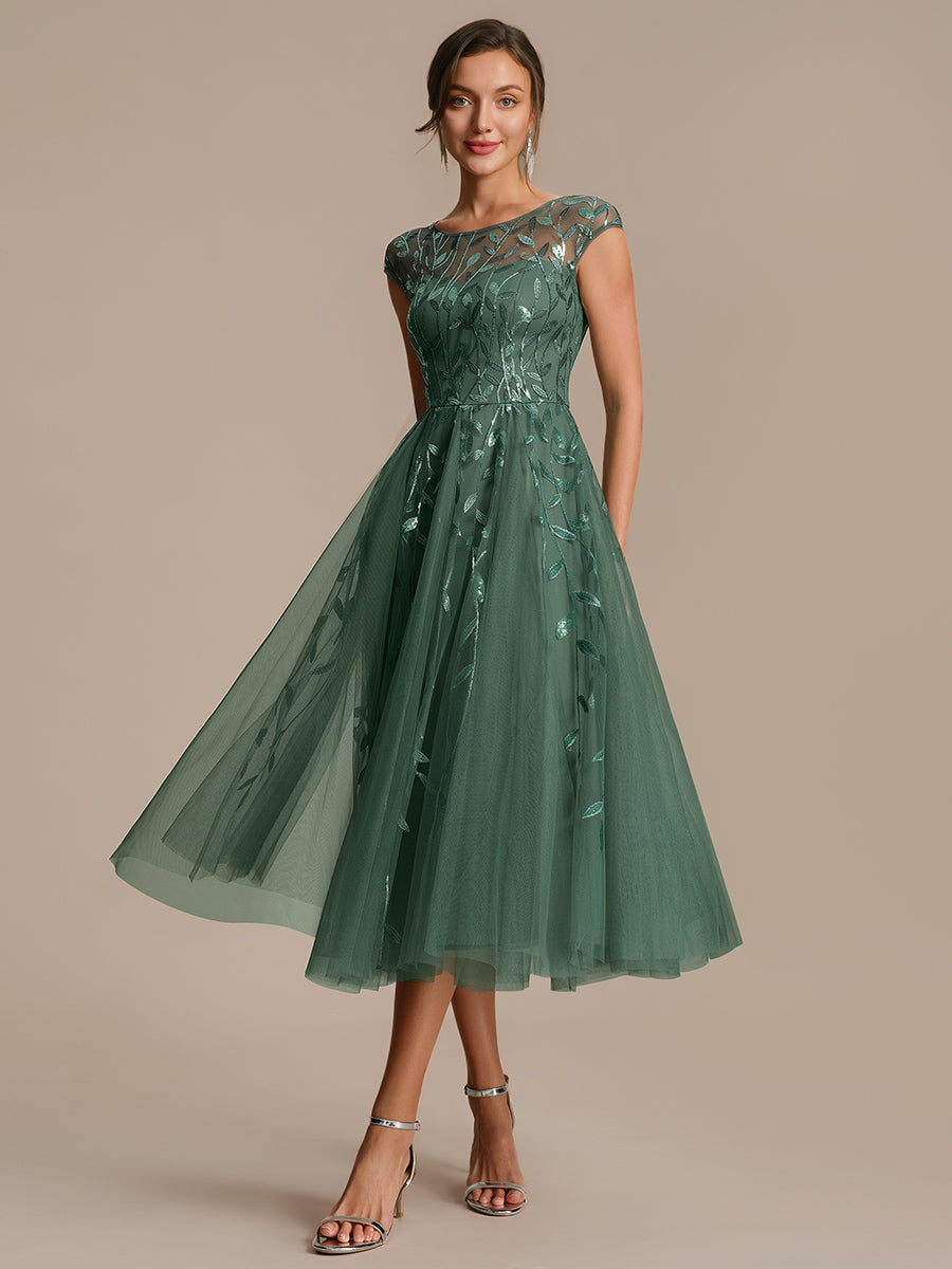 See-through Sequin Cap Sleeve Wedding Guest Dress #color_Eucalyptus