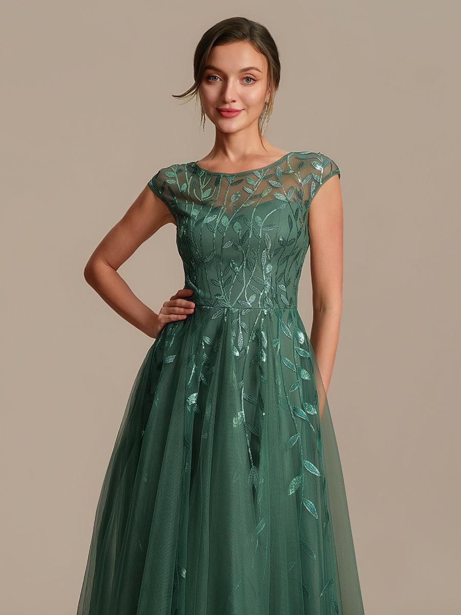 See-through Sequin Cap Sleeve Wedding Guest Dress #color_Eucalyptus