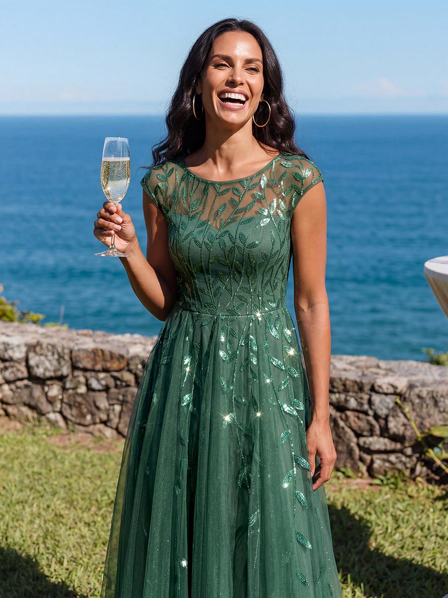 See-through Sequin Cap Sleeve Wedding Guest Dress #color_Eucalyptus