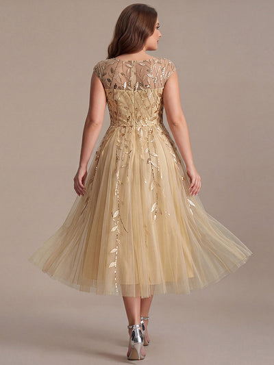 Plus Size See-through Sequin Wedding Guest Dress #color_Gold