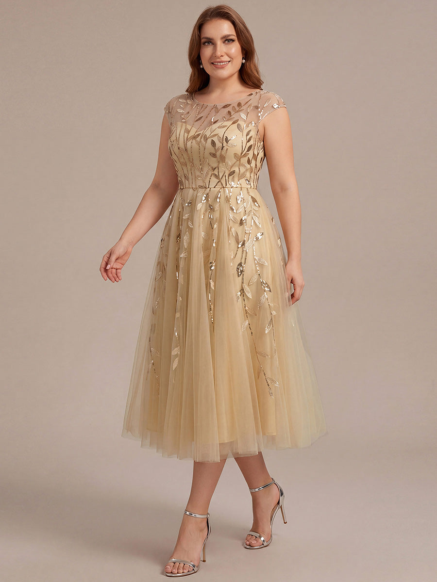 Plus Size See-through Sequin Wedding Guest Dress #color_Gold