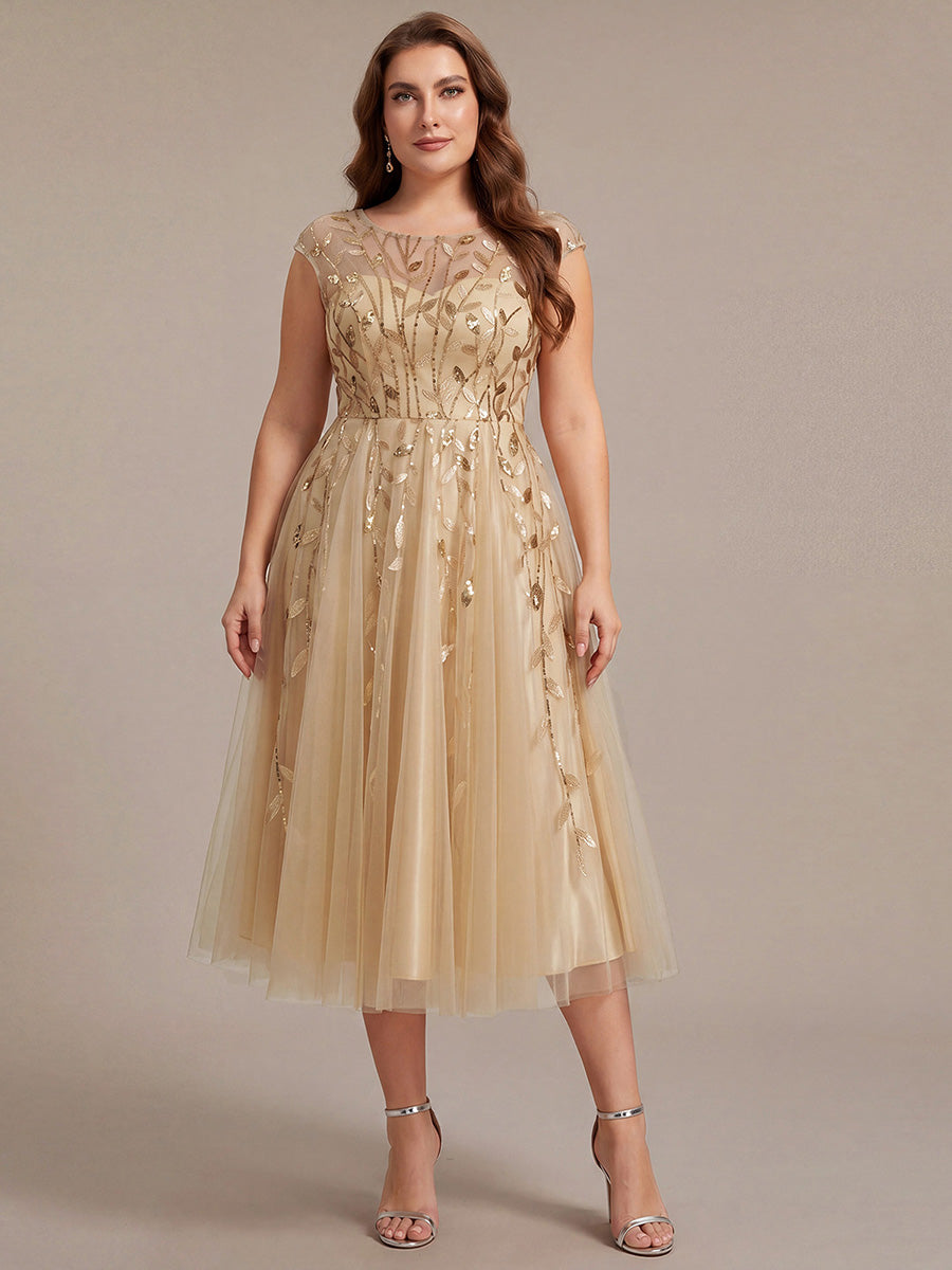 Plus Size See-through Sequin Wedding Guest Dress #color_Gold