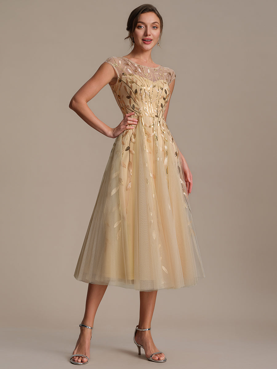 See-through Sequin Cap Sleeve Wedding Guest Dress #color_Gold