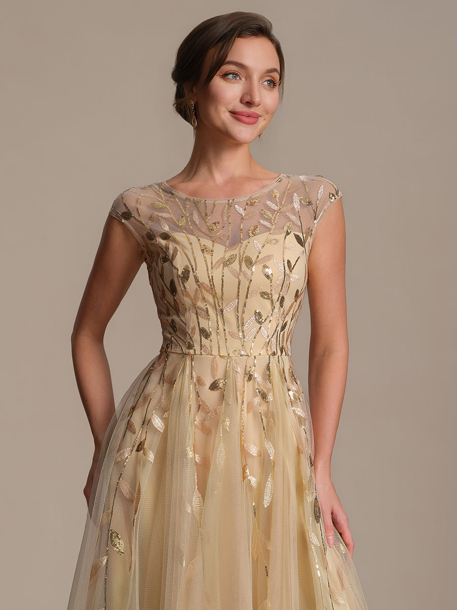 See-through Sequin Cap Sleeve Wedding Guest Dress #color_Gold
