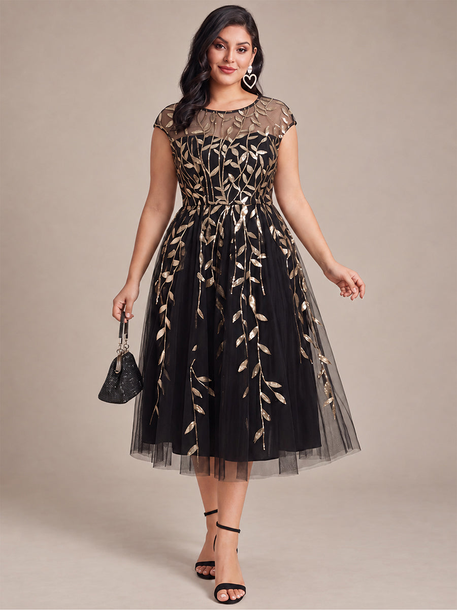See-through Sequin Cap Sleeve Wedding Guest Dress #color_Black & Gold