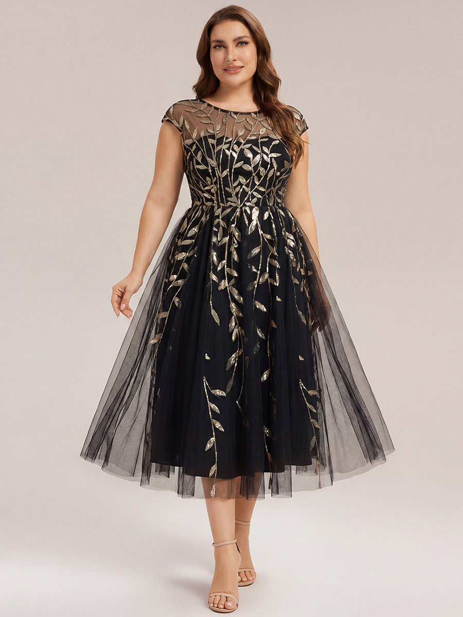 Plus Size See-through Sequin Wedding Guest Dress #color_Black & Gold