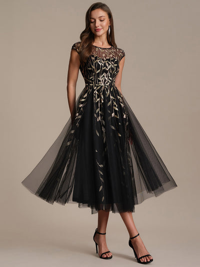 See-through Sequin Cap Sleeve Wedding Guest Dress