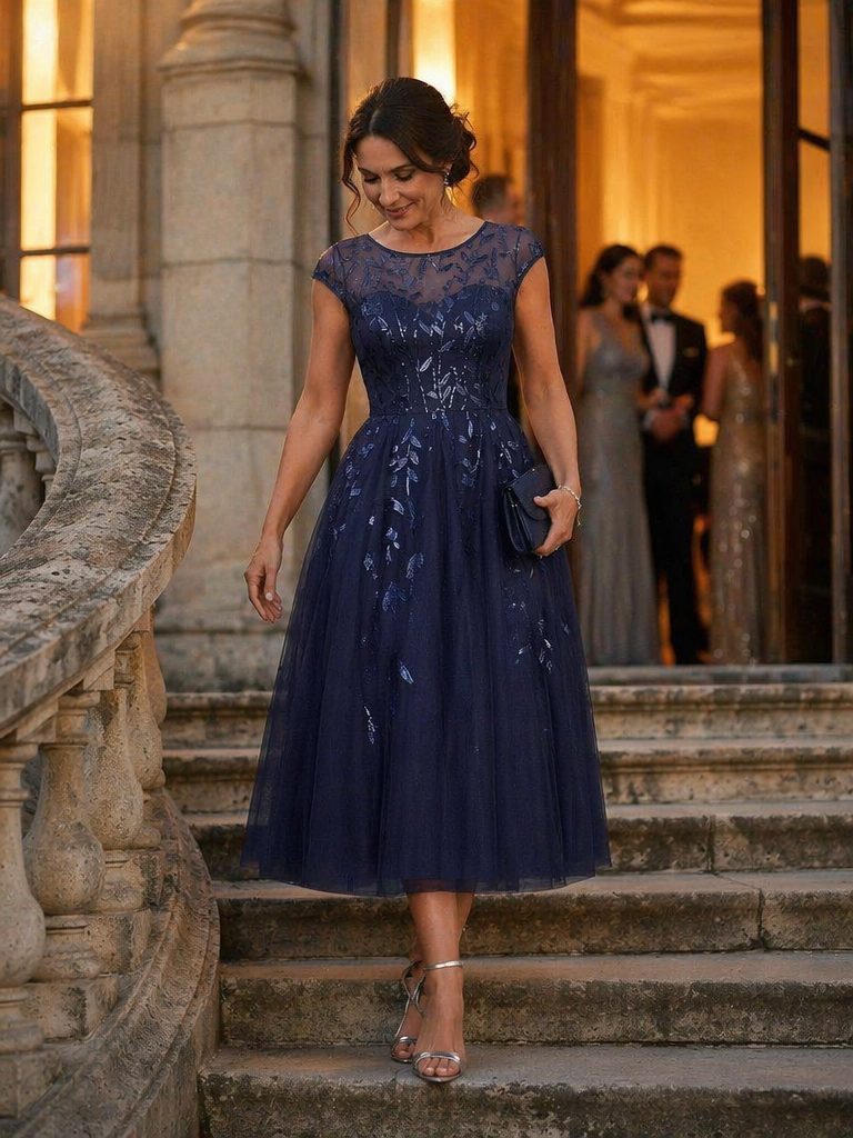 Plus Size See-through Sequin Wedding Guest Dress #color_Navy Blue