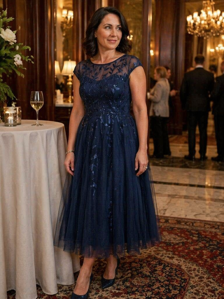 Plus Size See-through Sequin Wedding Guest Dress #color_Navy Blue