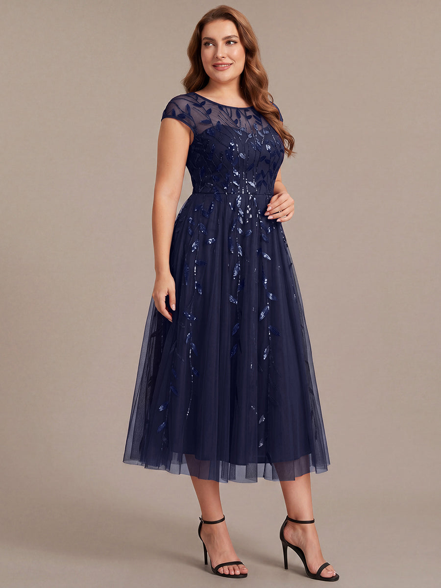 Plus Size See-through Sequin Wedding Guest Dress #color_Navy Blue