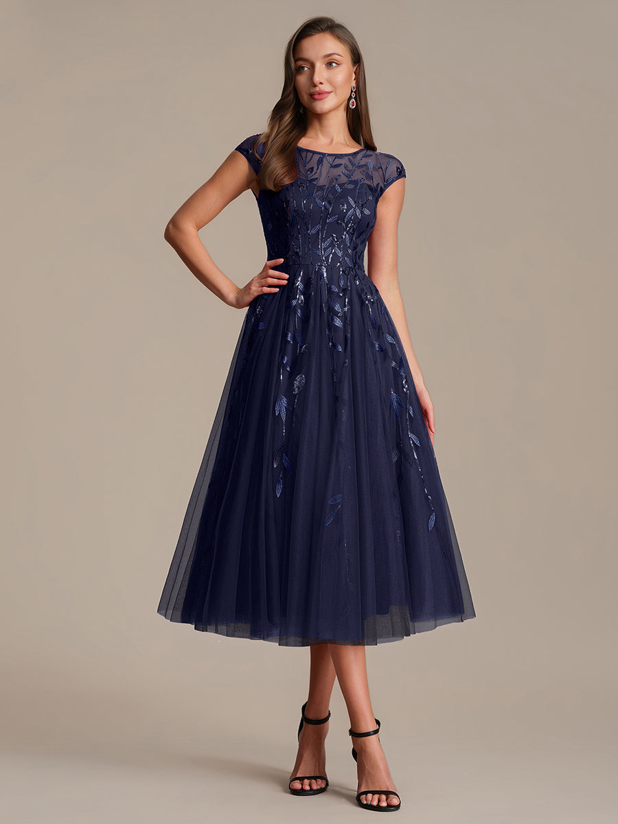 See-through Sequin Cap Sleeve Wedding Guest Dress #color_Navy Blue
