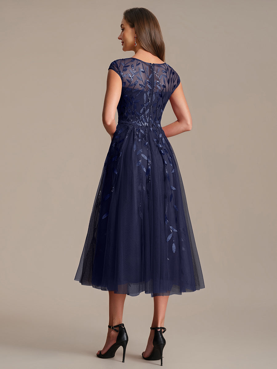 See-through Sequin Cap Sleeve Wedding Guest Dress #color_Navy Blue
