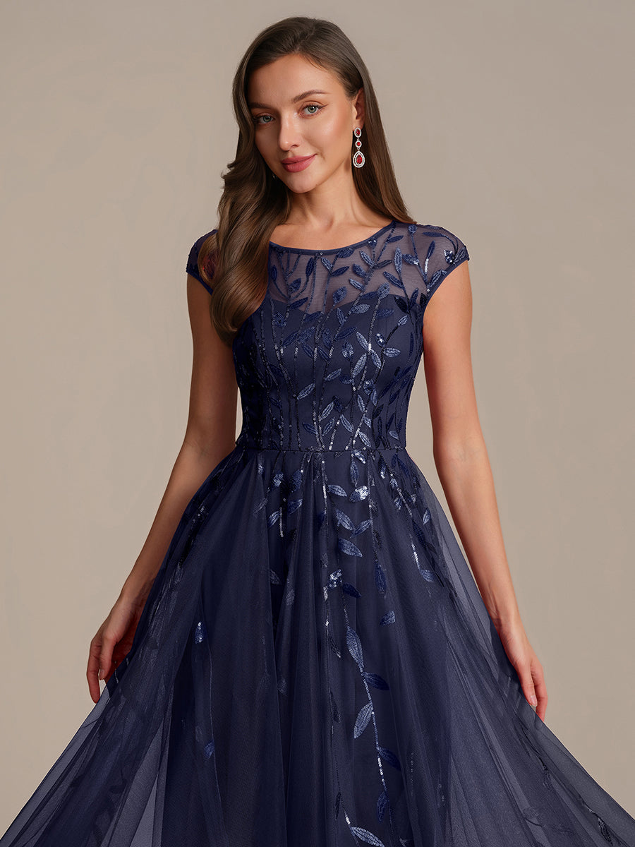 See-through Sequin Cap Sleeve Wedding Guest Dress #color_Navy Blue