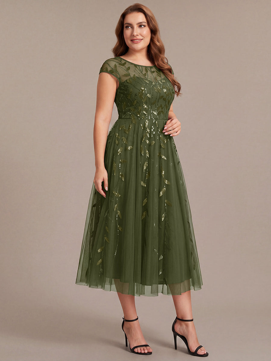See-through Sequin Cap Sleeve Wedding Guest Dress #color_Olive Green