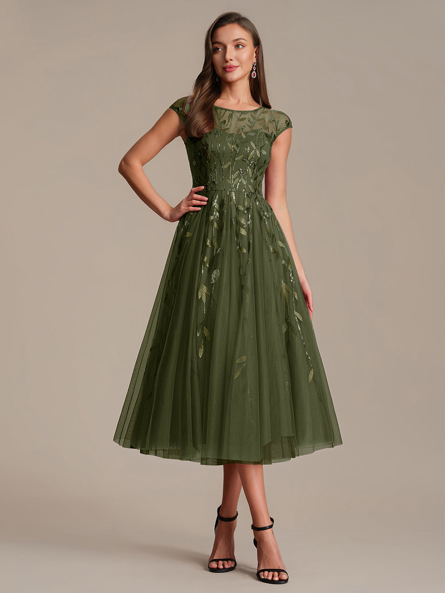 See-through Sequin Cap Sleeve Wedding Guest Dress #color_Olive Green