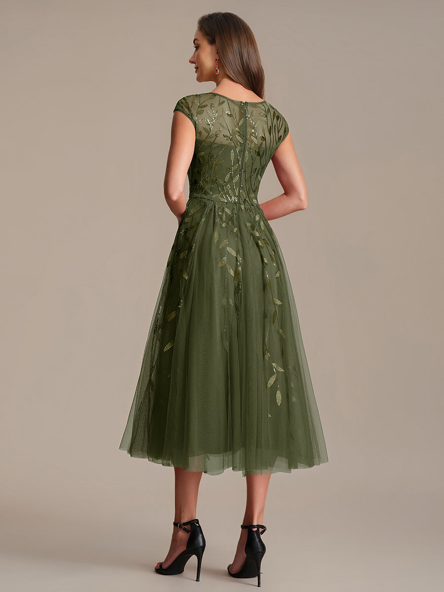 See-through Sequin Cap Sleeve Wedding Guest Dress #color_Olive Green