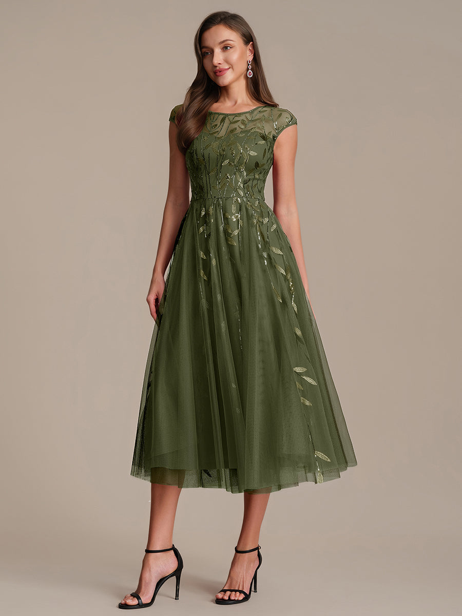 See-through Sequin Cap Sleeve Wedding Guest Dress #color_Olive Green