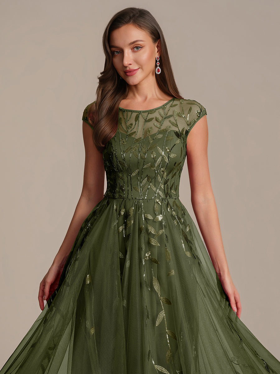 See-through Sequin Cap Sleeve Wedding Guest Dress #color_Olive Green