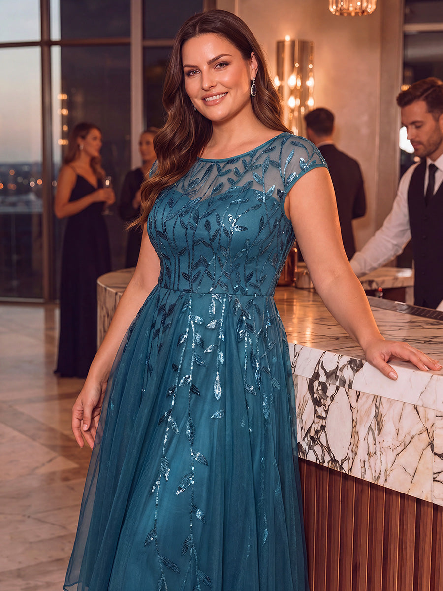 Plus Size See-through Sequin Wedding Guest Dress #color_Teal