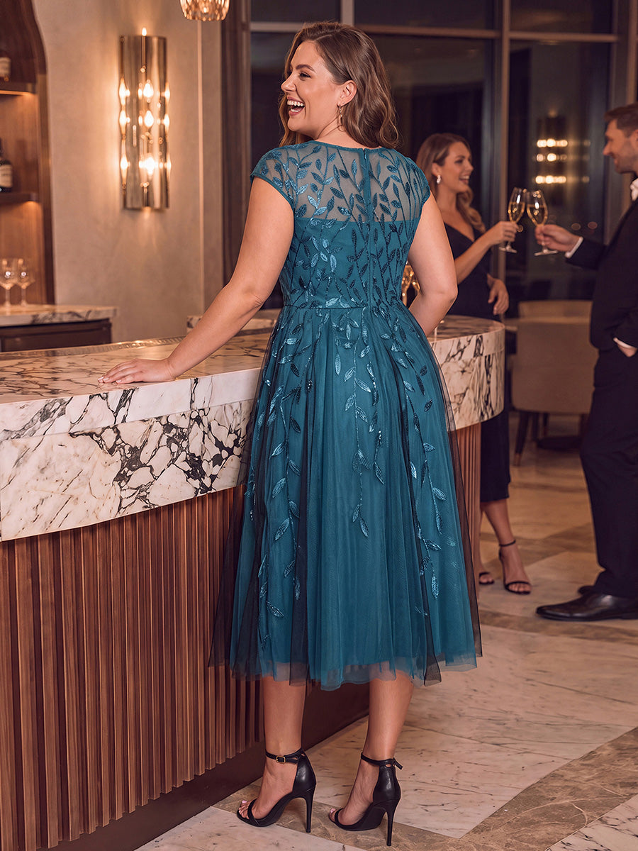 Plus Size See-through Sequin Wedding Guest Dress #color_Teal