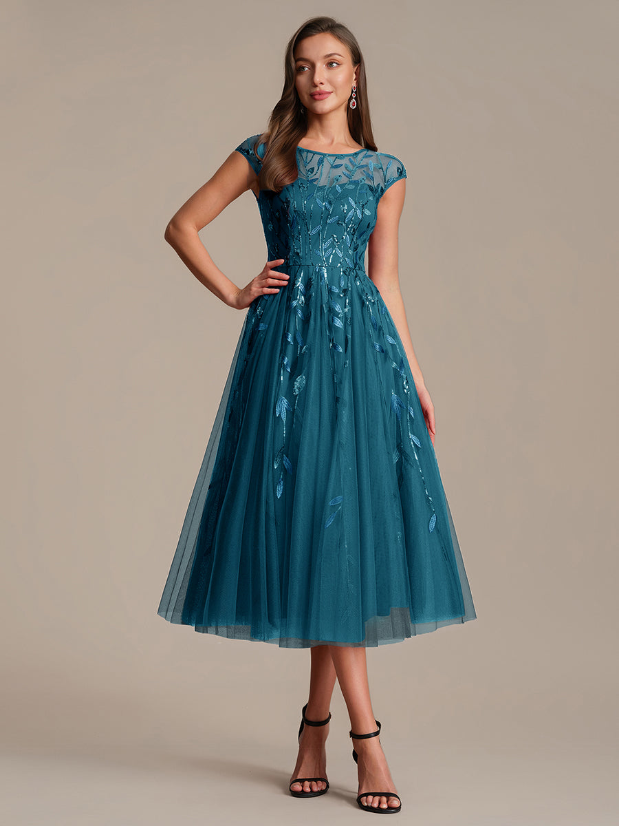 See-through Sequin Cap Sleeve Wedding Guest Dress #color_Teal