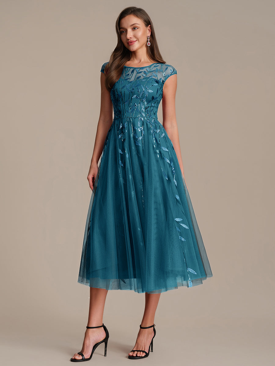 See-through Sequin Cap Sleeve Wedding Guest Dress #color_Teal