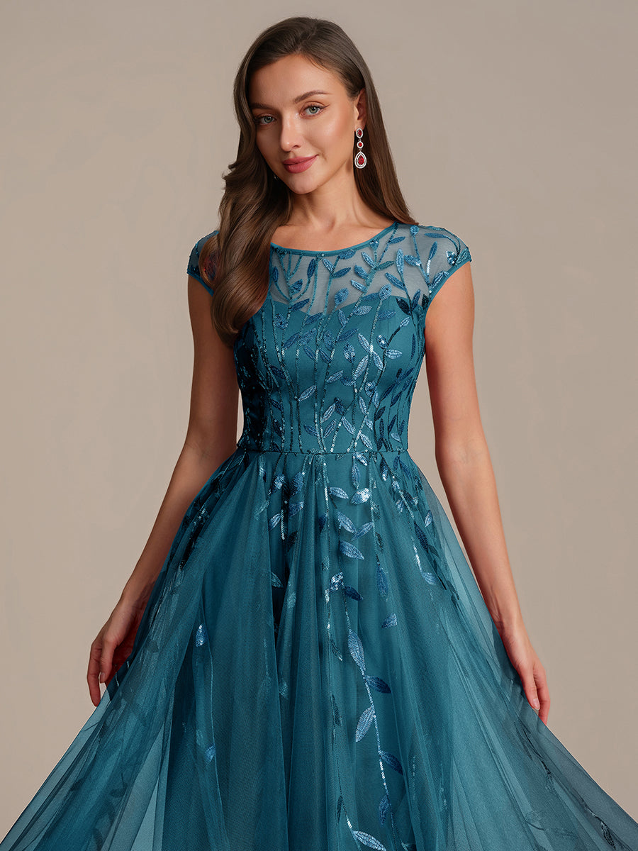 See-through Sequin Cap Sleeve Wedding Guest Dress #color_Teal
