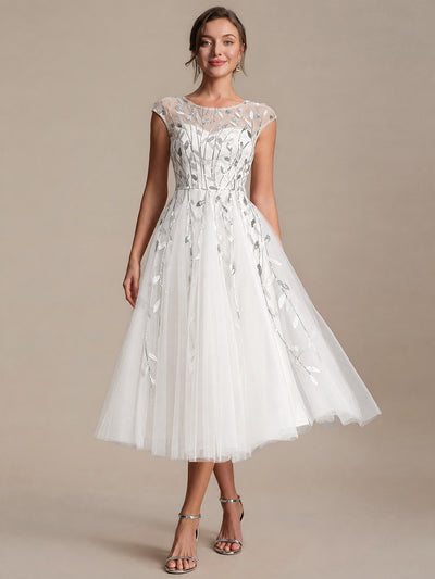 See-through Sequin Cap Sleeve Wedding Guest Dress
