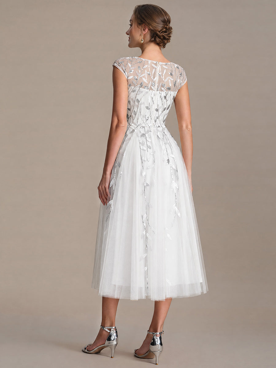 See-through Sequin Cap Sleeve Wedding Guest Dress #color_White