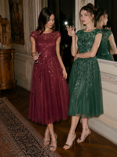 See-through Sequin Cap Sleeve Wedding Guest Dress