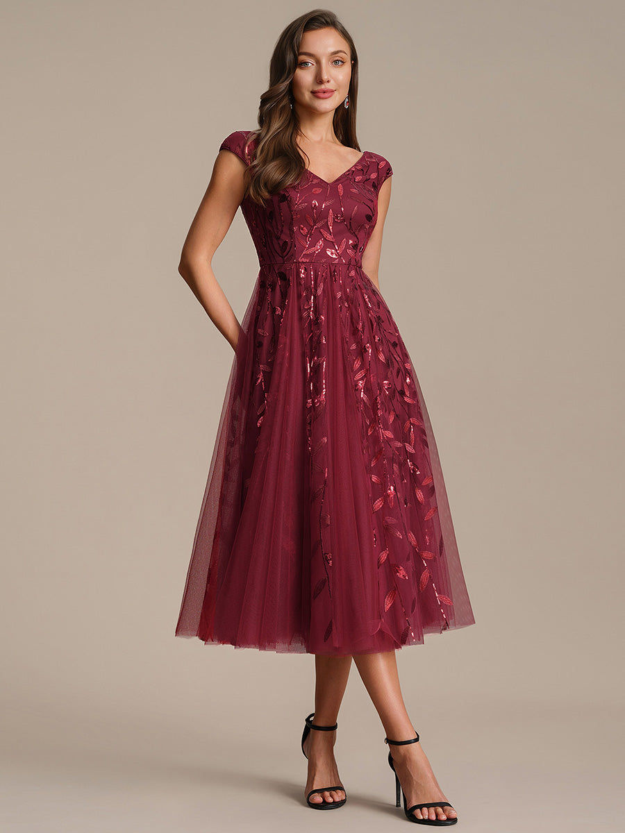 V-Neck Midi Sequin Sleeveless Wedding Guest Dress #color_Burgundy