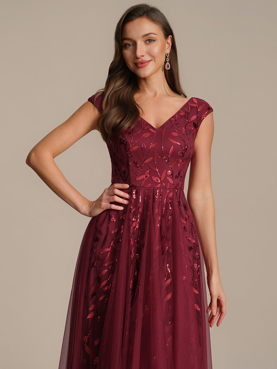 V-Neck Midi Sequin Sleeveless Wedding Guest Dress #color_Burgundy