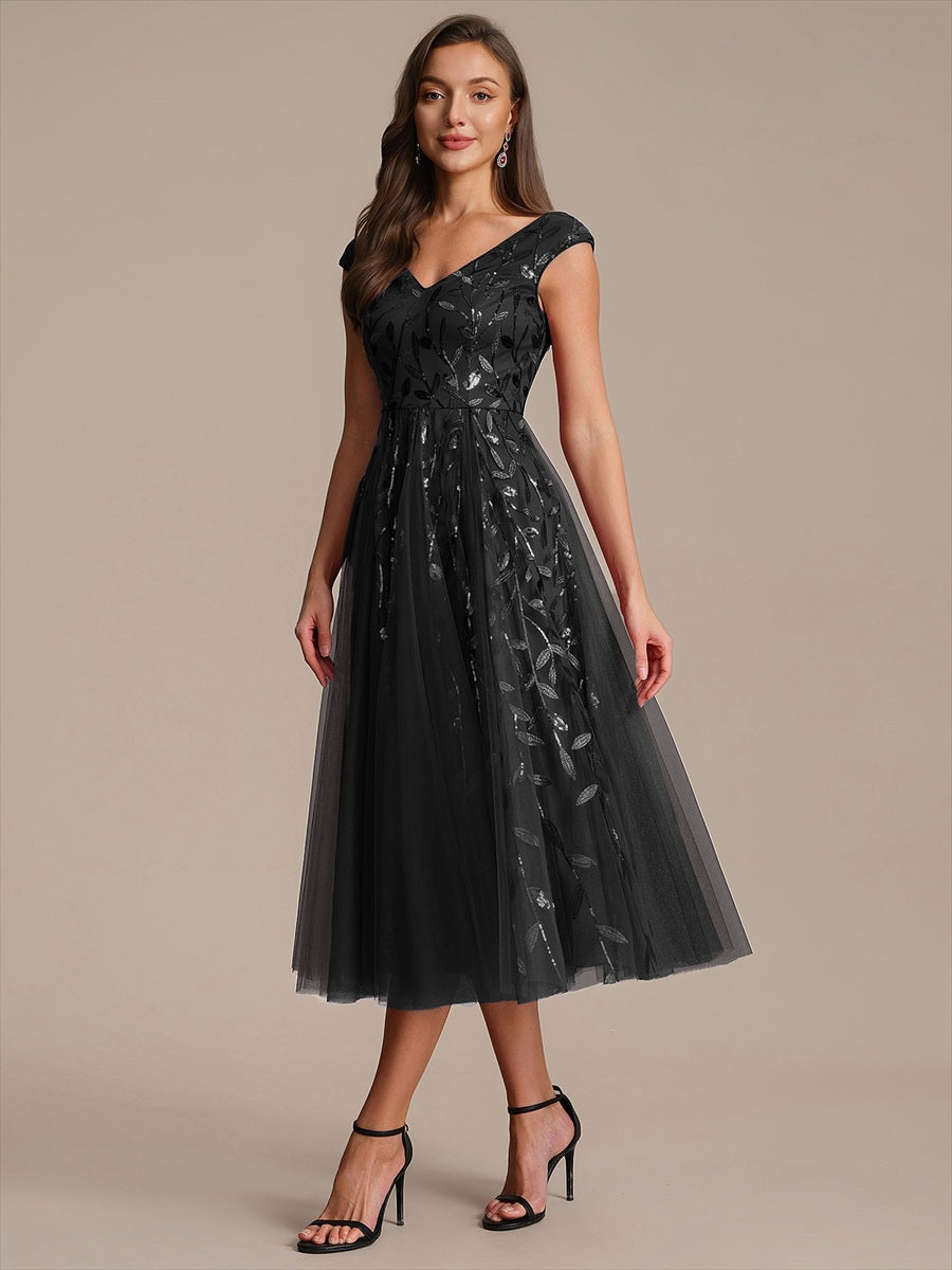 V-Neck Midi Sequin Sleeveless Wedding Guest Dress #color_Black