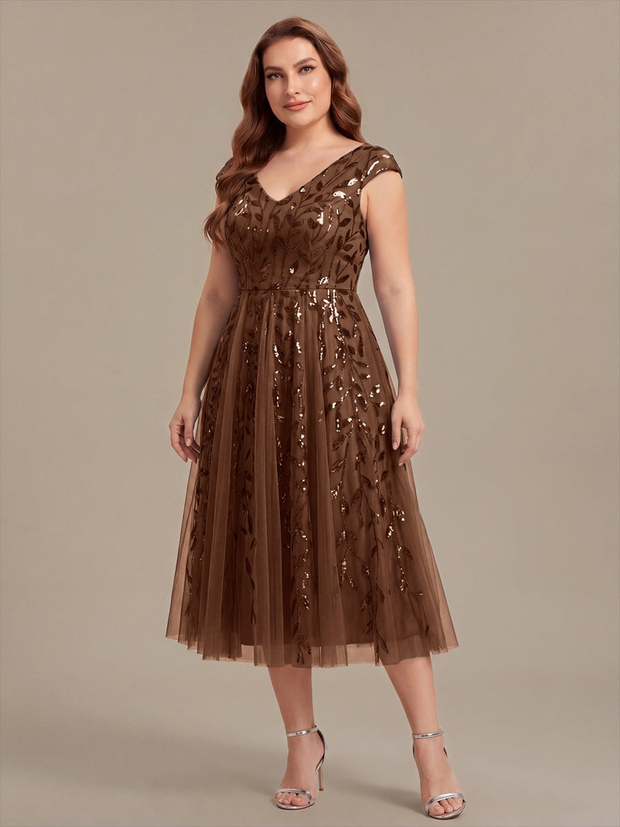V-Neck Midi Sequin Sleeveless Wedding Guest Dress #color_Brown