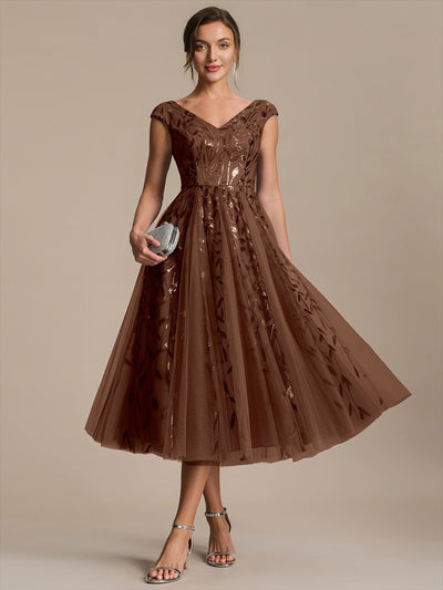 V-Neck Midi Sequin Sleeveless Wedding Guest Dress