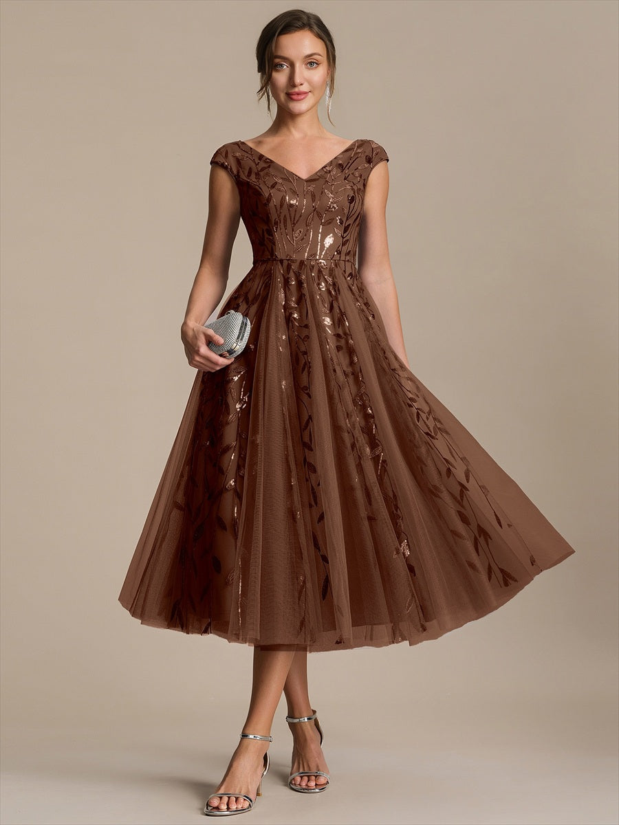 V-Neck Midi Sequin Sleeveless Wedding Guest Dress #color_Brown