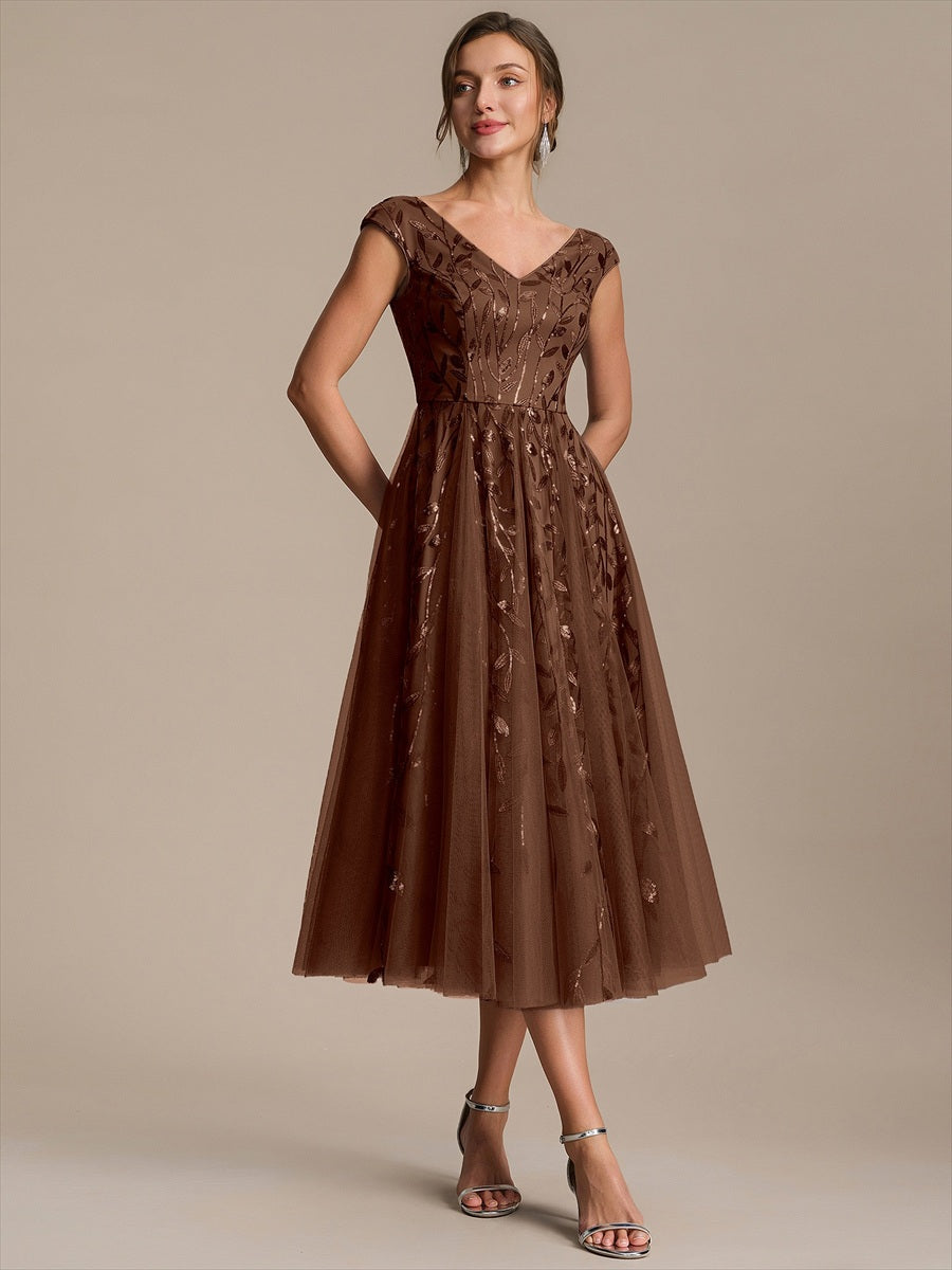 V-Neck Midi Sequin Sleeveless Wedding Guest Dress #color_Brown