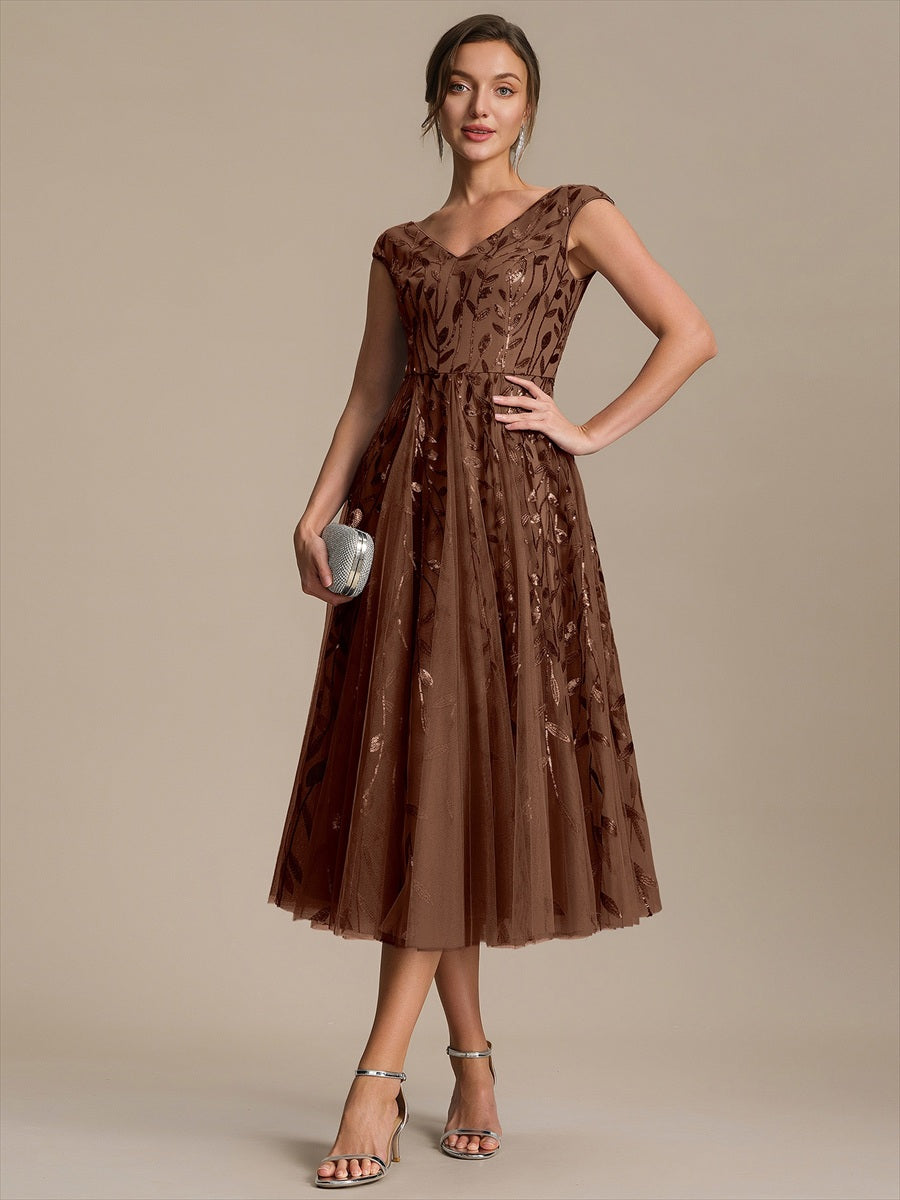 V-Neck Midi Sequin Sleeveless Wedding Guest Dress #color_Brown