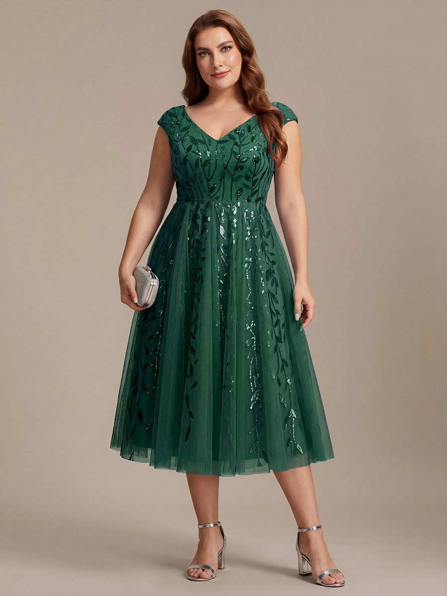 V-Neck Midi Sequin Sleeveless Wedding Guest Dress #color_Dark Green