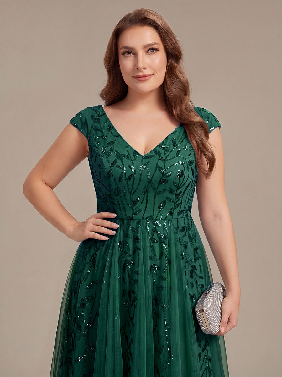 V-Neck Midi Sequin Sleeveless Wedding Guest Dress #color_Dark Green